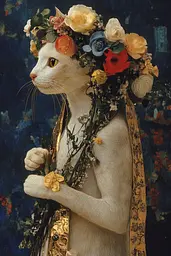 Midjourney generated image using SREF code Golden Elegance: A white cat with a flower crown on its head.