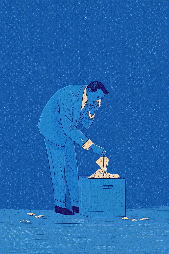 Midjourney generated image using SREF code Cerulean Quietude: A man in a suit putting a piece of paper into a box.
