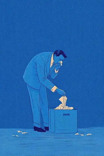 Midjourney generated image using SREF code Cerulean Quietude: A man in a suit putting a piece of paper into a box.