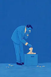 Midjourney generated image using SREF code Cerulean Quietude: A man in a suit putting a piece of paper into a box.