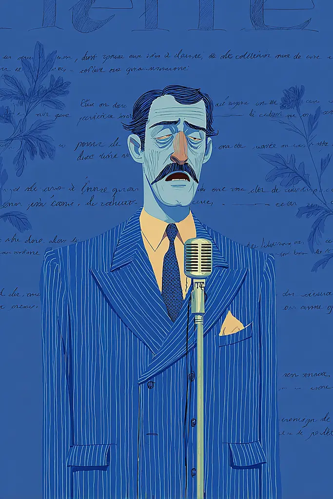 Midjourney generated image using SREF code Cerulean Quietude: A man in a suit and tie holding a microphone.