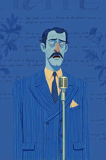 Midjourney generated image using SREF code Cerulean Quietude: A man in a suit and tie holding a microphone.