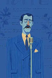 Midjourney generated image using SREF code Cerulean Quietude: A man in a suit and tie holding a microphone.