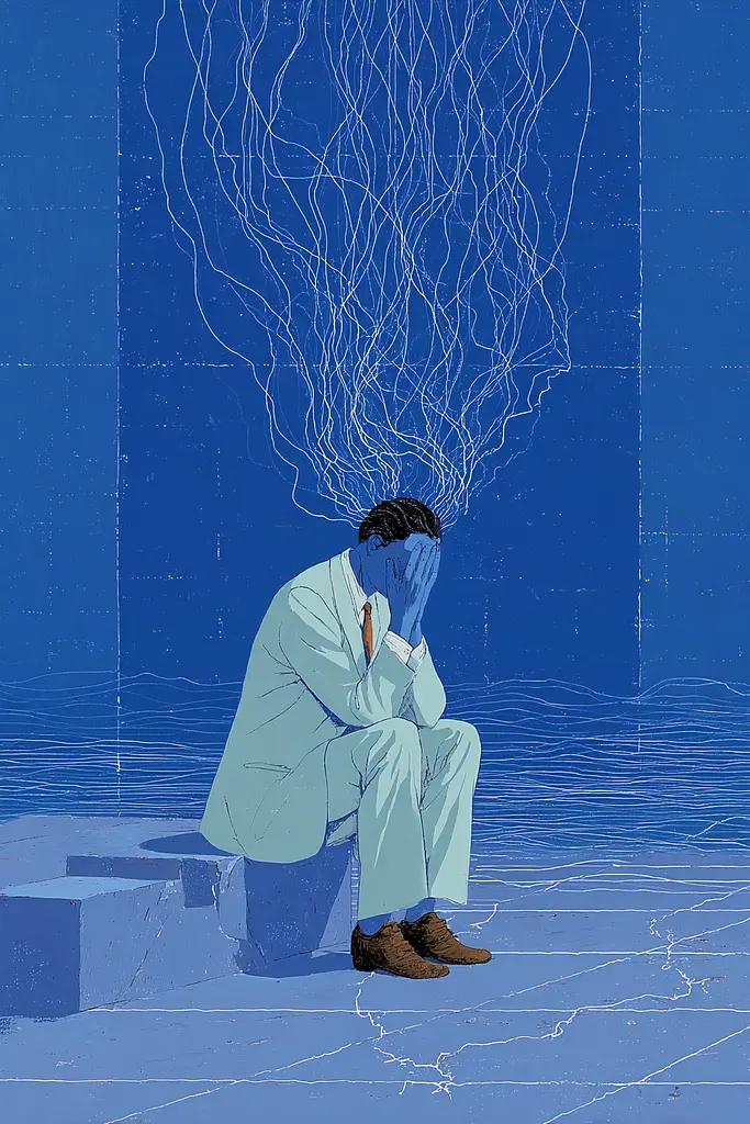 Midjourney generated image using SREF code Cerulean Quietude: A man sitting on a ledge with his head in his hands.