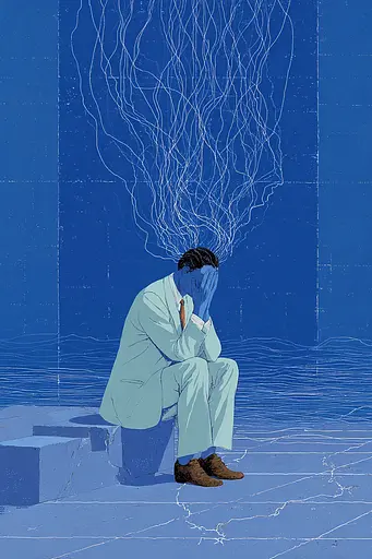 Midjourney generated image using SREF code Cerulean Quietude: A man sitting on a ledge with his head in his hands.