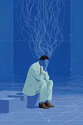 Midjourney generated image using SREF code Cerulean Quietude: A man sitting on a ledge with his head in his hands.