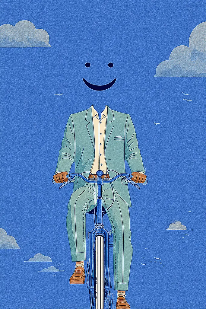 Midjourney generated image using SREF code Cerulean Quietude: A man in a suit riding a bike with a smiley face.