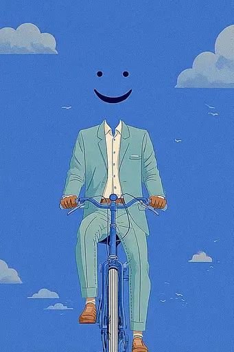 Midjourney generated image using SREF code Cerulean Quietude: A man in a suit riding a bike with a smiley face.