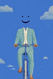 Midjourney generated image using SREF code Cerulean Quietude: A man in a suit riding a bike with a smiley face.