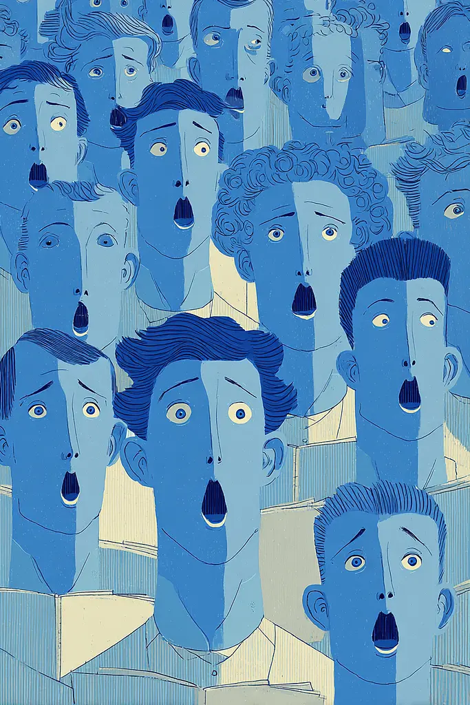Midjourney generated image using SREF code Cerulean Quietude: A group of people with their mouths open in a crowd.