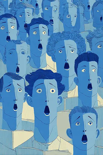 Midjourney generated image using SREF code Cerulean Quietude: A group of people with their mouths open in a crowd.