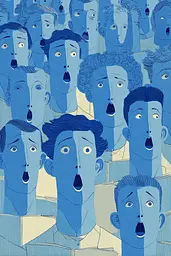 Midjourney generated image using SREF code Cerulean Quietude: A group of people with their mouths open in a crowd.