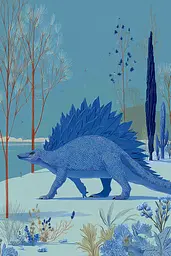 Midjourney generated image using SREF code Cerulean Quietude: A blue dinosaur walking through a snowy landscape.