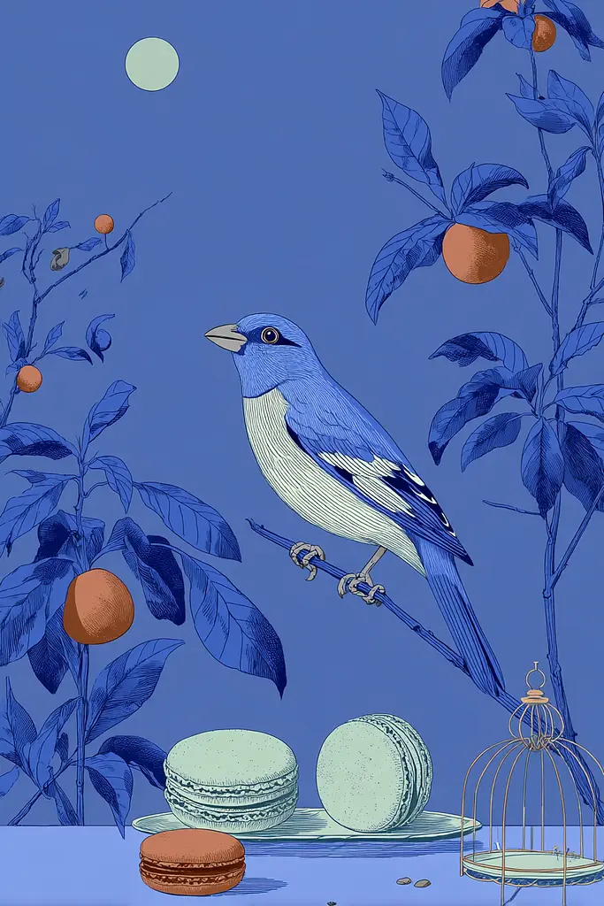 Midjourney generated image using SREF code Cerulean Quietude: A blue bird sitting on top of a table next to macarons.