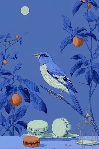 Midjourney generated image using SREF code Cerulean Quietude: A blue bird sitting on top of a table next to macarons.