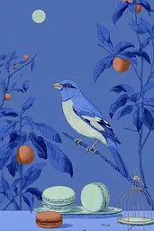 Midjourney generated image using SREF code Cerulean Quietude: A blue bird sitting on top of a table next to macarons.