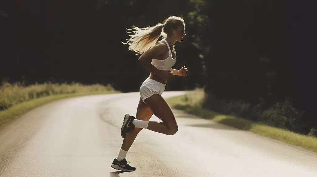 Midjourney generated image using SREF code Urban Solitude: A woman running down a road in the middle of the day.