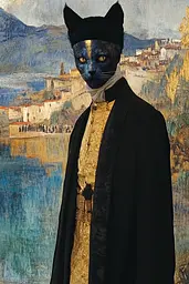 Midjourney generated image using SREF code Golden Elegance: A painting of a black cat wearing a black coat.