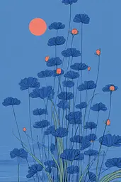 Midjourney generated image using SREF code Cerulean Quietude: A field of blue flowers with a red sun in the background.