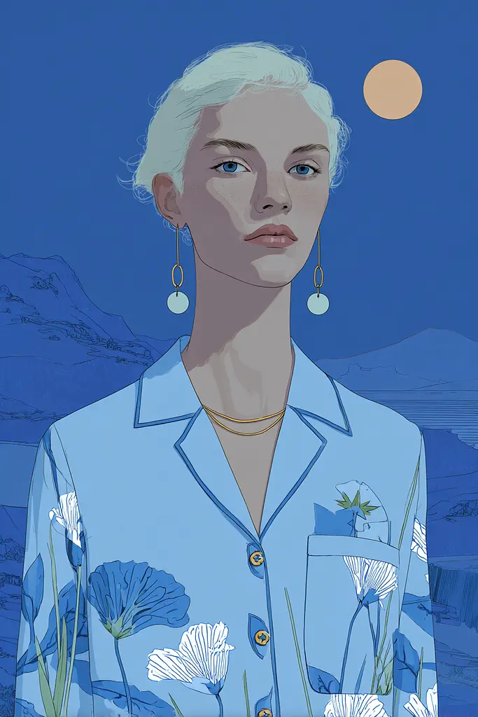 Midjourney generated image using SREF code Cerulean Quietude: A woman with white hair wearing a blue shirt and earrings.