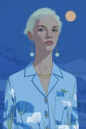 Midjourney generated image using SREF code Cerulean Quietude: A woman with white hair wearing a blue shirt and earrings.