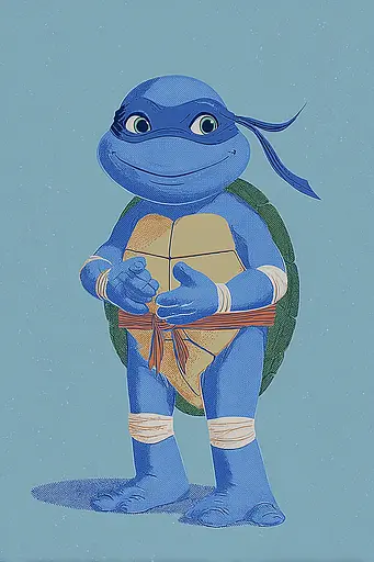 Midjourney generated image using SREF code Cerulean Quietude: A drawing of a blue turtle with a bandage around its neck.