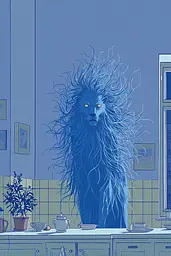 Midjourney generated image using SREF code Cerulean Quietude: A drawing of a lion standing in a kitchen.