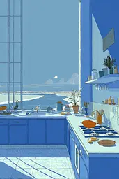 Midjourney generated image using SREF code Cerulean Quietude: A drawing of a kitchen with a view of the ocean.