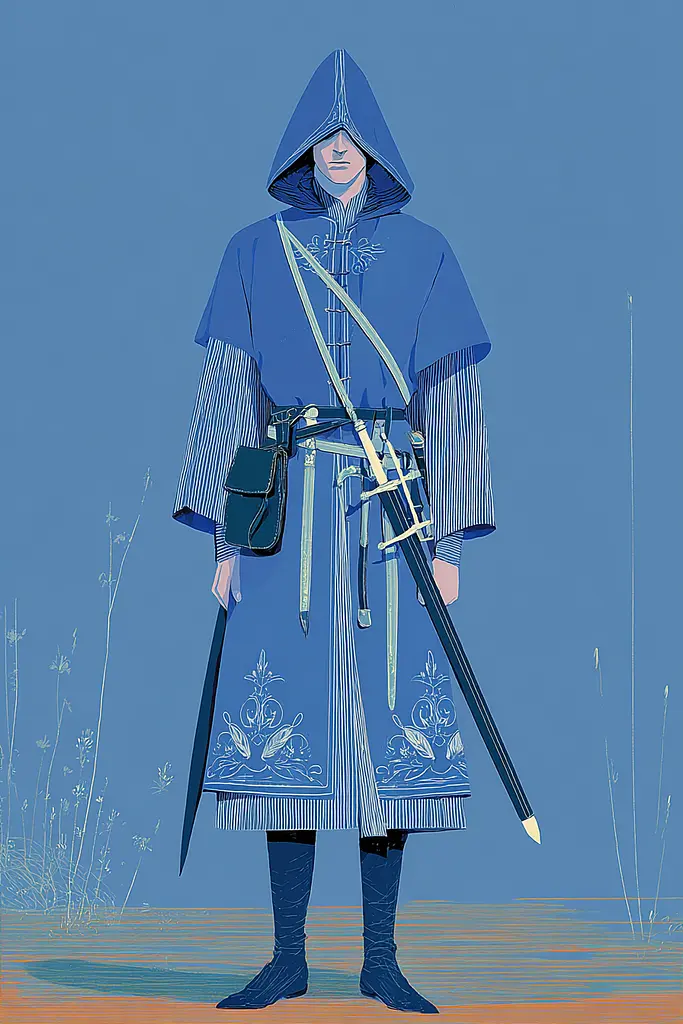 Midjourney generated image using SREF code Cerulean Quietude: A man in a blue cloak holding a sword.