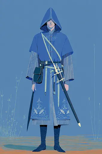 Midjourney generated image using SREF code Cerulean Quietude: A man in a blue cloak holding a sword.