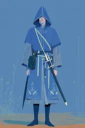 Midjourney generated image using SREF code Cerulean Quietude: A man in a blue cloak holding a sword.