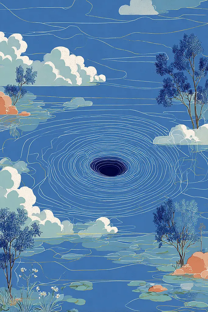Midjourney generated image using SREF code Cerulean Quietude: A painting of a black hole in the middle of a lake.