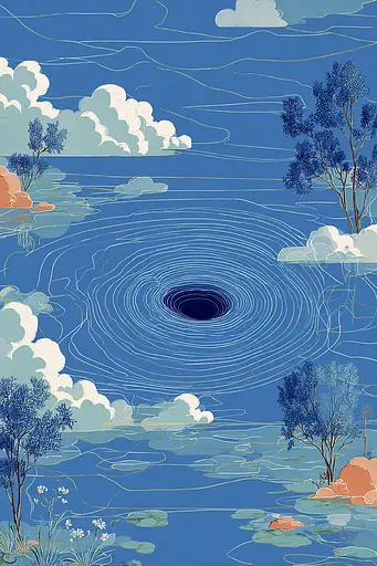 Midjourney generated image using SREF code Cerulean Quietude: A painting of a black hole in the middle of a lake.