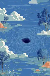 Midjourney generated image using SREF code Cerulean Quietude: A painting of a black hole in the middle of a lake.