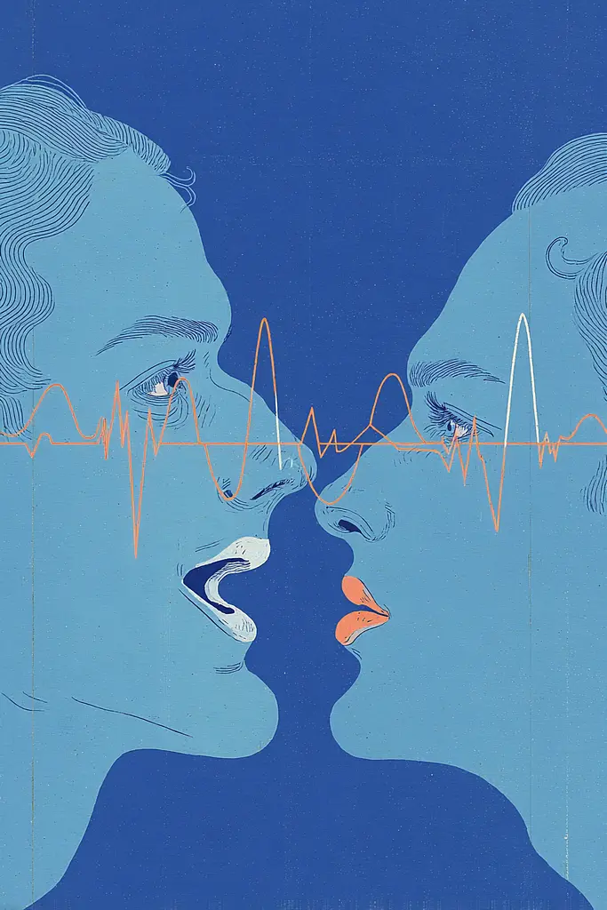 Midjourney generated image using SREF code Cerulean Quietude: A couple kissing in front of a heartbeat line.