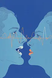 Midjourney generated image using SREF code Cerulean Quietude: A couple kissing in front of a heartbeat line.