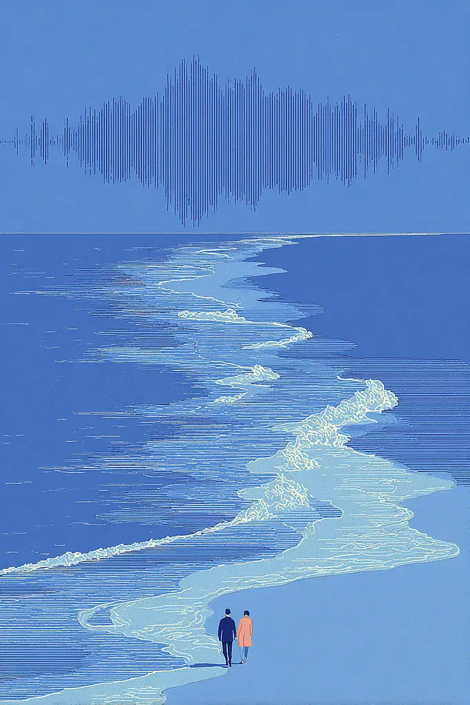 Midjourney generated image using SREF code Cerulean Quietude: A couple of people walking on a beach next to the ocean.