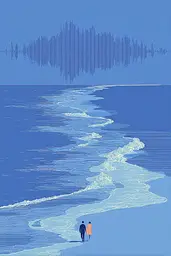 Midjourney generated image using SREF code Cerulean Quietude: A couple of people walking on a beach next to the ocean.