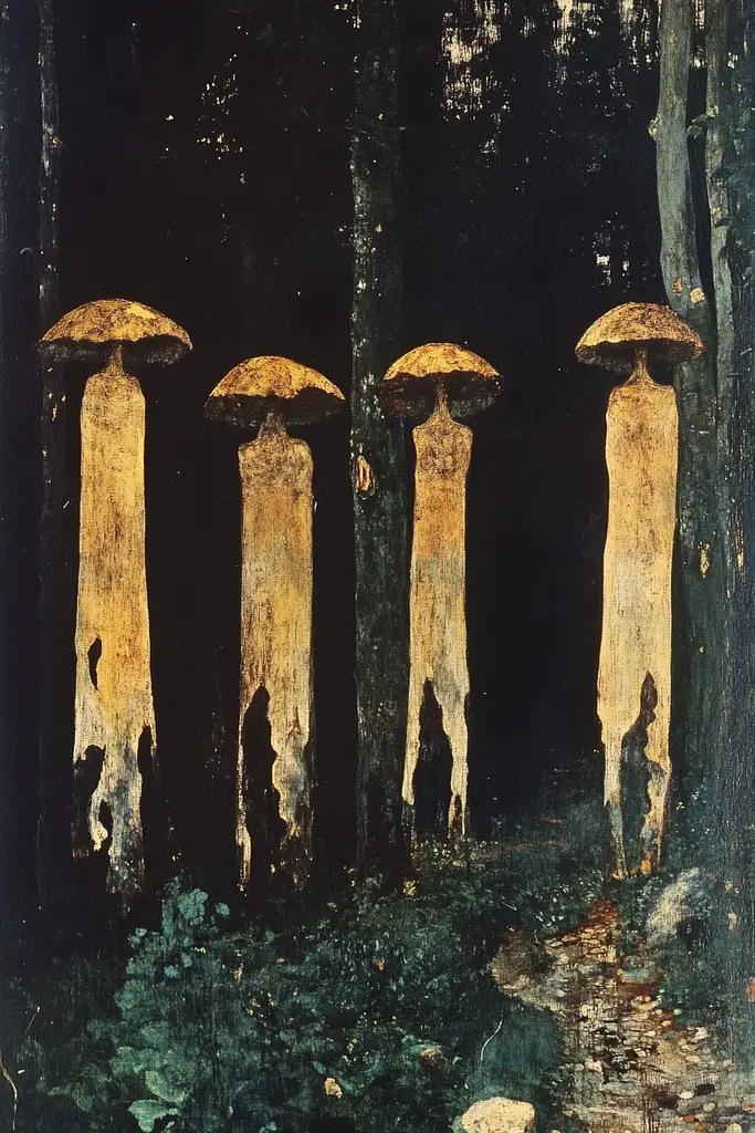 Midjourney generated image using SREF code Golden Elegance: A painting of a group of mushrooms in a forest.