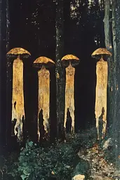 Midjourney generated image using SREF code Golden Elegance: A painting of a group of mushrooms in a forest.