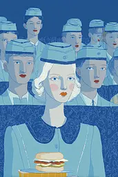 Midjourney generated image using SREF code Cerulean Quietude: A woman holding a tray with a sandwich in front of a group of people.
