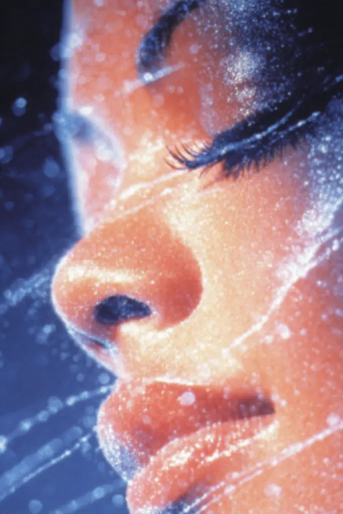 Midjourney generated image using SREF code Phosplasm: A close up of a woman's face covered in snow.