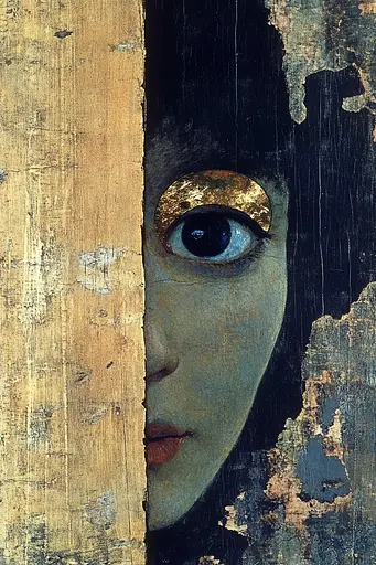 Midjourney generated image using SREF code Golden Elegance: A painting of a woman's face peeking out from behind a wooden door.