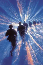 Midjourney generated image using SREF code Phosplasm: A group of soldiers running through a blue sky.