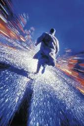 Midjourney generated image using SREF code Phosplasm: A man in a white coat is running in the rain.
