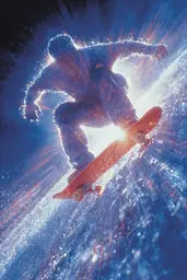Midjourney generated image using SREF code Phosplasm: A man riding a skateboard on top of a blue surface.