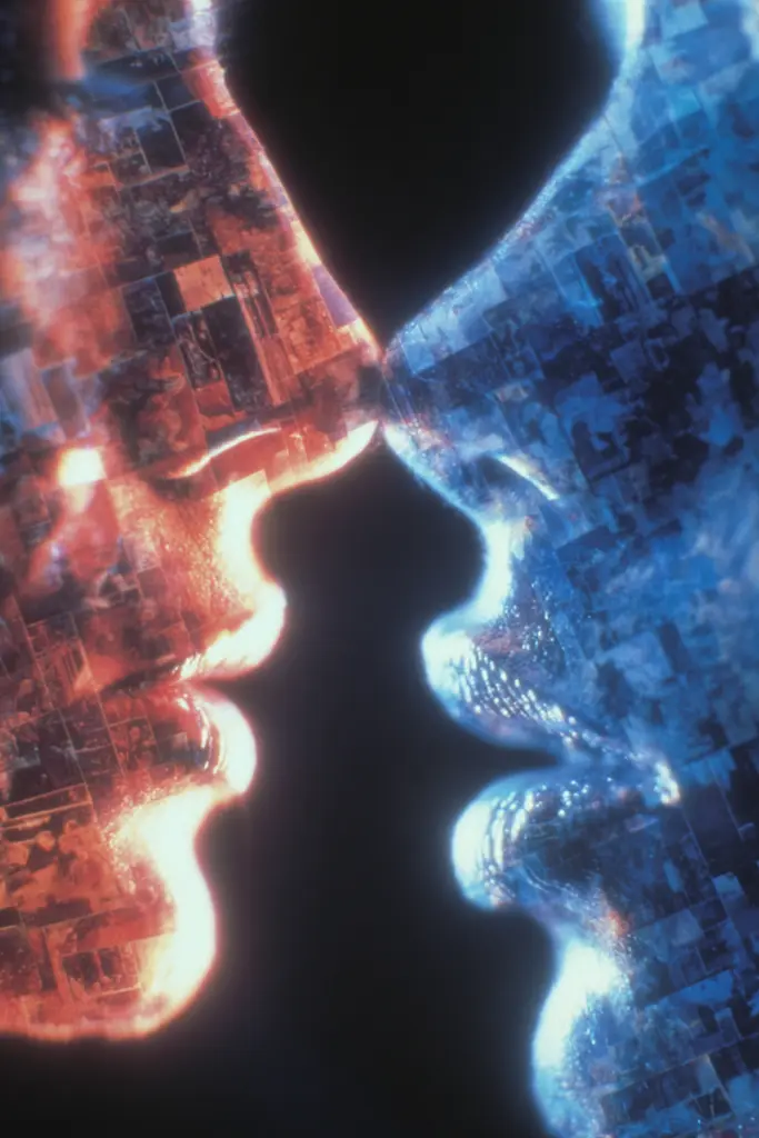 Midjourney generated image using SREF code Phosplasm: a close up of a person's face with a city in the background