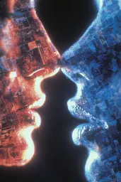 Midjourney generated image using SREF code Phosplasm: a close up of a person's face with a city in the background