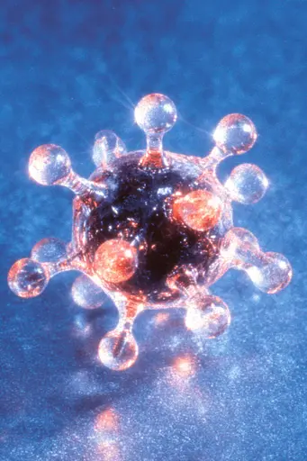 Midjourney generated image using SREF code Phosplasm: A close up of a coronavirus on a blue background.