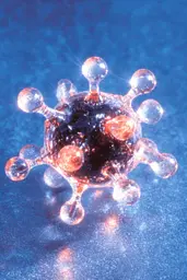 Midjourney generated image using SREF code Phosplasm: A close up of a coronavirus on a blue background.